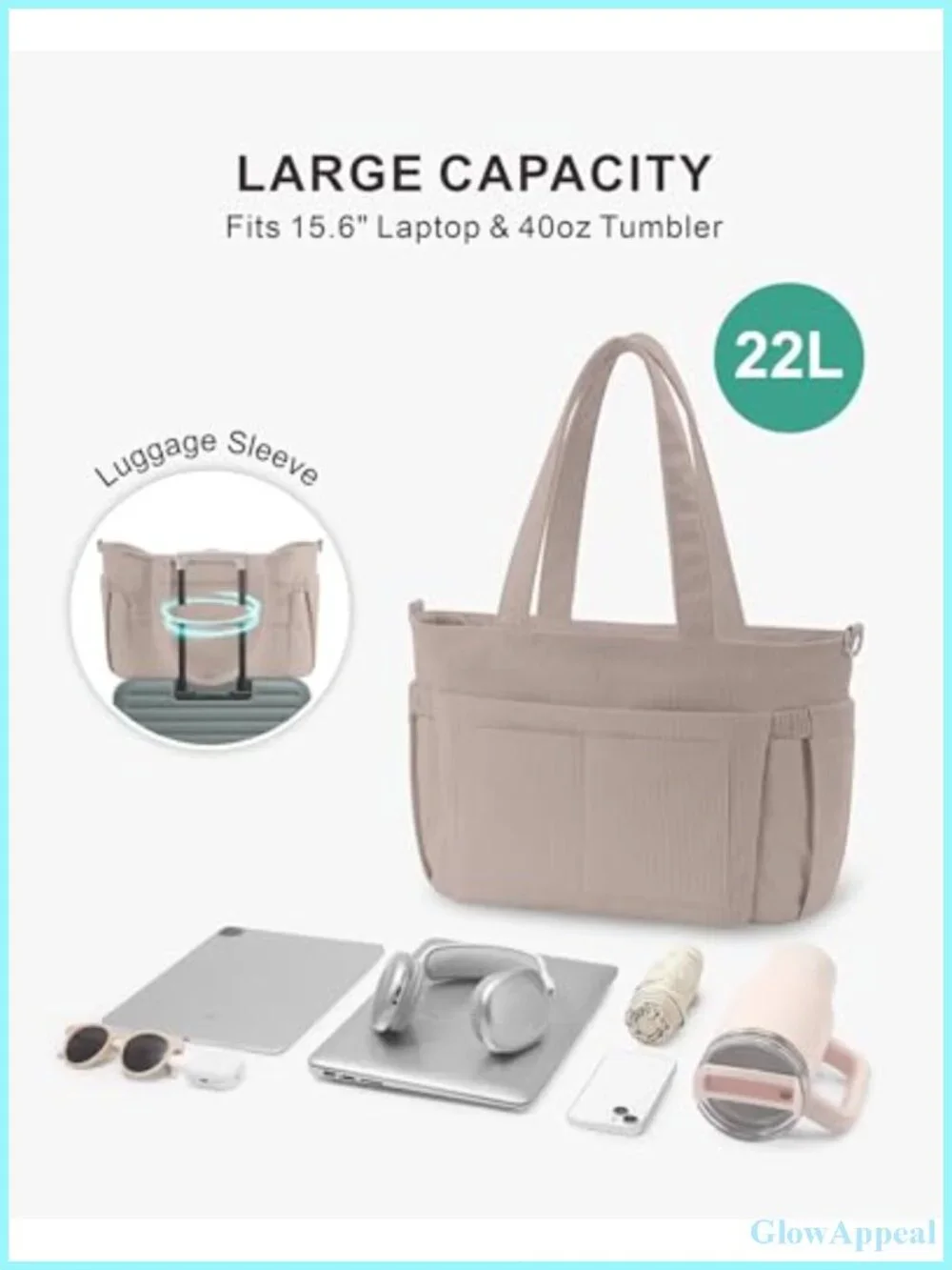 Corduroy Tote Bag with 9 Pockets & 40oz Cup Holder, Laptop Work Purse for